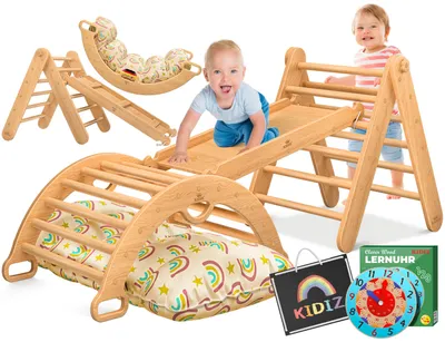 Immagine prodotto di KIDIZ® Struttura per arrampicata Montessori a triangolo, set da gioco 7 in 1 in legno, parco giochi da interno per bambini da 1 a 3 anni, con cuscini, lavagna e orologio didattico inclusi