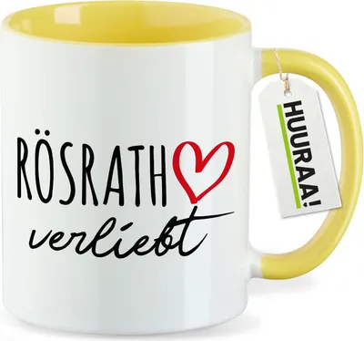 Produktbild von Huuraa Kaffeetasse Rösrath verliebt 330ml Gelb Keramik Kaffeebecher Geschenkidee
