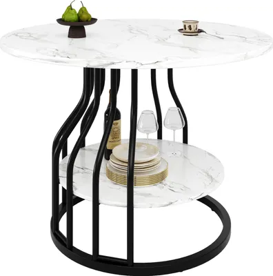 A round dining table with a marble-effect top and a black metal base, featuring a lower shelf with plates, wine glasses, and a bottle of wine.