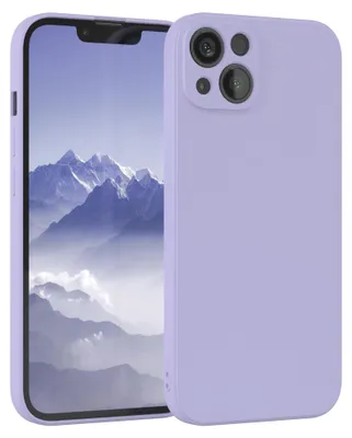 A purple phone case is shown with a phone inside displaying a mountain landscape.