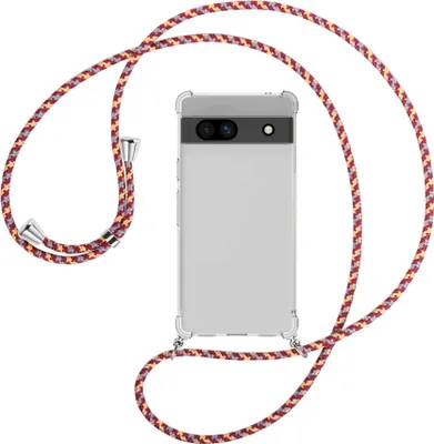 Produktbild von Handykette Backcover-Schutzhülle mit Band (Metall silberfarben) für Google Pixel 7a - weinrot/gelb/grau