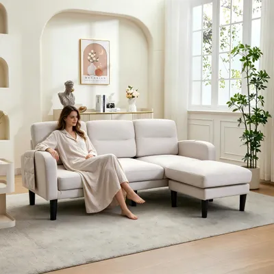 Image de Canapé d'angle 3 places Merax en L avec méridienne et 6 poches latérales, canapé d'angle modulaire avec coussins amovibles et 10 pieds robustes, beige