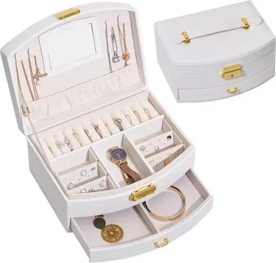 Produktbild von Reise-Schmuckbox für Mädchen in Prinzessinnen-Stil, 2-fach Schmuckorganizer mit Spiegel, Reise-Schmuckbox für Kinder - Ringhalter, Ohrringhalter, unverzichtbare Strandreise-Artikel. (Weiß)