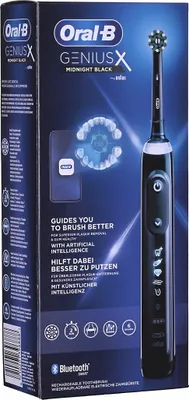 The image shows the packaging of an Oral-B Genius X Midnight Black electric toothbrush.