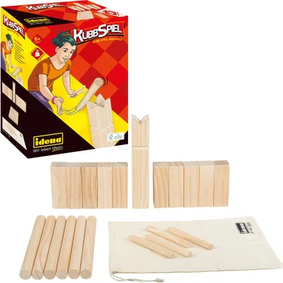 Produktbild von Idena 40175 - Kubb Spiel mit 10 Kubbs, 6 Wurfhölzern, König und 4 Eckstäben, inklusive Transport- und Aufbewahrungsbeutel