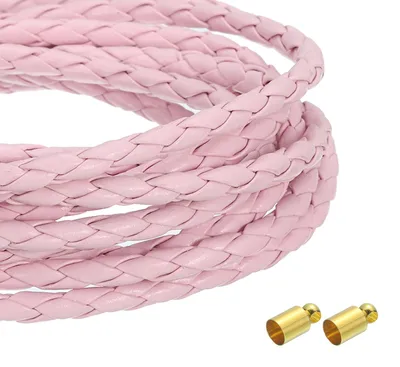 Image de Cordon en cuir tressé - Diamètre de 4 mm et longueur de 5,46 mètres - Pour la fabrication de bijoux et de colliers - Rose