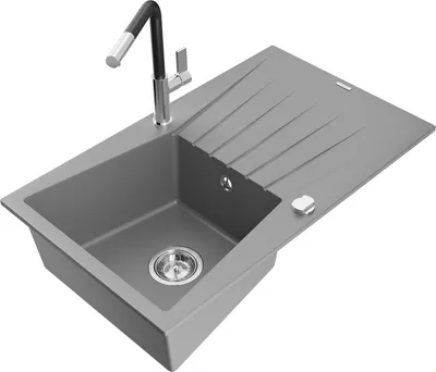 Produktbild von Mexen Cesar 1 Becken-Granitspüle mit Abtropffläche und Mischbatterie Flora, Grau - 6514-71-670401-07