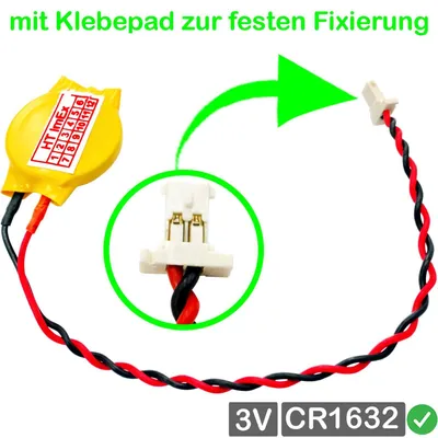 Produktbild von RTC CR1632 3V 140mAh mit steckerkabel CMOS Batterie Battery 2 polig 6,3 x 2,7mm