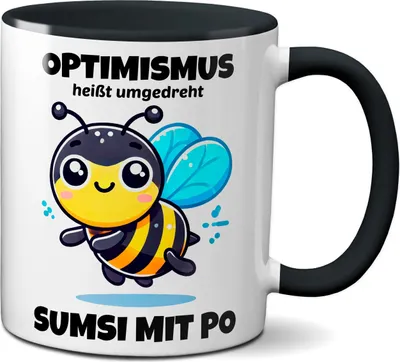 Produktbild von TassenKing - Tasse mit Biene und Spruch Optimismus heißt umgedreht Sumsi mit Po lustige Bürotasse Sprüche Tassen witzig (schwarz)