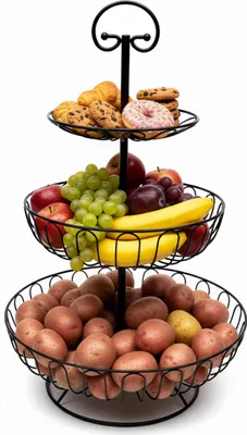 Immagine prodotto di Relaxdays Alzatina per frutta, a 3 ripiani, metallo, A x P: 47 x 30 cm, frutta, verdura, con manico, vassoio rotondo per frutta, cesto per frutta, nero