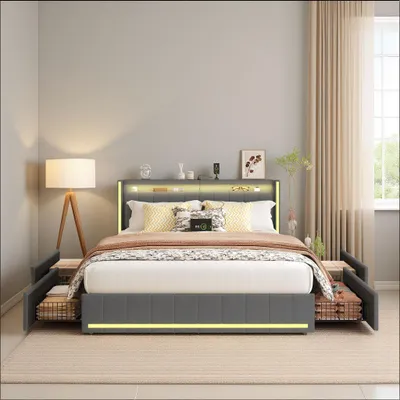 Immagine prodotto di Letto imbottito INONEFT, 140 x 200 cm, con LED e USB, letto matrimoniale imbottito con 4 cassetti e rete a doghe, letto per ragazzi, letto contenitore, tessuto in lino, color grigio scuro
