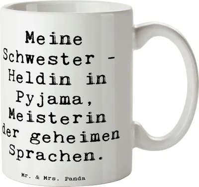 Produktbild von Mr. & Mrs. Panda Trinkbecher Spruch Schwester Heldin - Weiß - Geschenk, Zusammenhalt, schöne tasse, Geheimsprache, Handarbeit, Kaffeebecher, Familie, Kaffeetasse, mit
