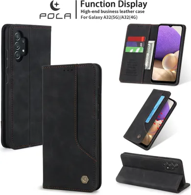 Image de Etui rétro en cuirPolyuréthanepour Samsung Galaxy A32 5G étui design avec porte-cartes et support noir