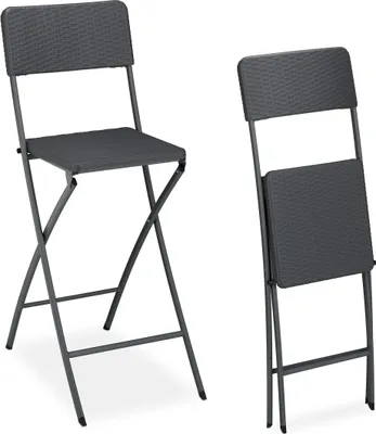 Produktbild von Relaxdays Barhocker klappbar, 2er Set, Rattan-Optik, Rückenlehne, HBT: 115 x 44 x 63 cm, Barstuhl, PE & Metall, grau