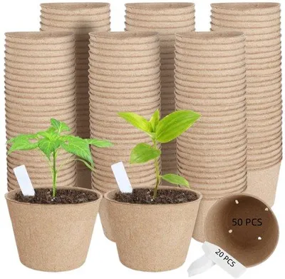 Zdjęcie produktu dla Biodegradowalne doniczki do sadzonek – 50 sztuk – 6 x 6 cm – z otworami drenażowymi – 20 etykietek – do sadzonek kwiatów, warzyw, drzewek i ziół – brązowe