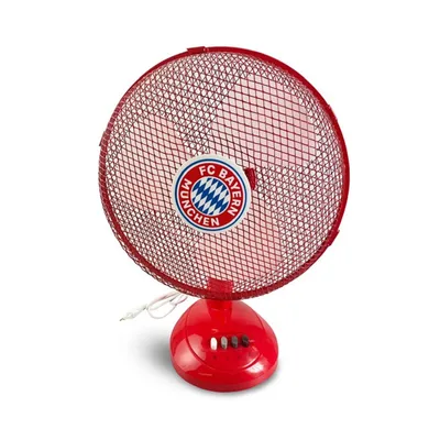 A red FC Bayern branded table fan on a white background.