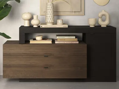 Produktbild von Sideboard mit 1 Tür, 3 Schubladen & 1 Ablagefach - Holzfarben & Anthrazit - RUSELO