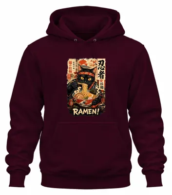 Immagine prodotto di Felpa con cappuccio "Ramen Schwarze Katze Ninja Japan", motivo: noodles, Fuji, Y2K, Ukiyo-e, colore: bordeaux, taglia: S