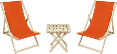 Two orange deck chairs and a small wooden table are arranged on a white background.
