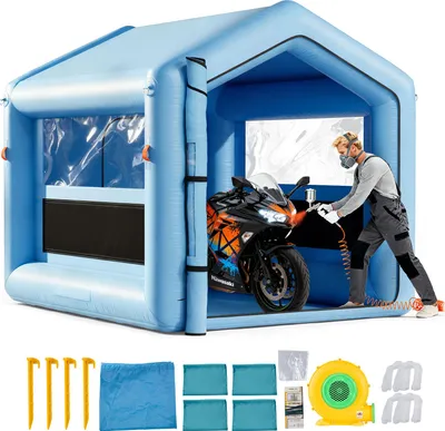 Produktbild von VEVOR aufblasbare Lackierkabine Spritzkabine 3 x 2,5 x 2,5 m, Lackierkabinenzelt mit 550 W Gebläse & Luftfiltersystem & klarem Fenster, Dreieckdach, 210D Oxford-Gewebe, Spritzlackierung Blau
