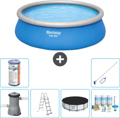 Immagine prodotto di Piscina gonfiabile rotonda Bestway ad ambientazione rapida - 457 x 122 cm - blu - inclusa pompa - copertura a scaletta - pacchetto manutenzione - filtro - kit di pulizia