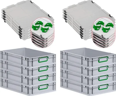 Produktbild von SuperSparSet 8x Eurobox NextGen Color mit Auflagedeckel und Schiebeschnappverschlüsse | HxBxT 12x40x60cm | 23 Liter | Grau | Griffe grün geschlossen | Glatter Boden | Eurobehälter, Transportbox, Transportbehälter, Stapelbehälter