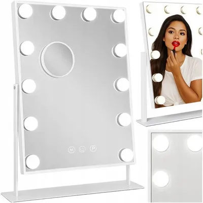 Produktbild von Hollywood Kosmetikspiegel mit LED-Beleuchtung – Standspiegel für Make-up – 12 LED-Glühbirnen – 3 Lichtmodi – USB-Anschluss – Weiß
