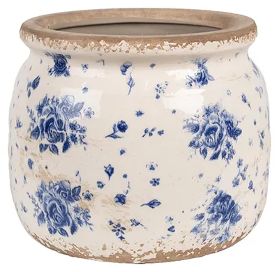 Image de Clayre & Eef Pot de fleurs intérieur Ø 16x13 cm Beige Bleu Céramique Roses