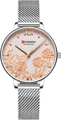 Zdjęcie produktu dla CURREN 9065 Elegancki, wykwintny biznesowy zegarek kwarcowy dla kobiet z wytłoczonym kwiatem Sakura Prosty zegarek na rękę 3ATM Wodoodporny zegarek na rękę dla kobiet z metalowym paskiem z siatki