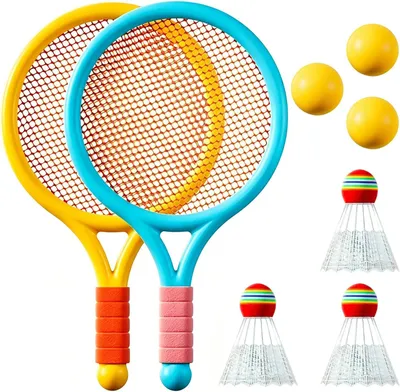 Productafbeelding van Badminton Set Kinderen, 2 rackets, 6 ballen, blauw en geel, voor buiten