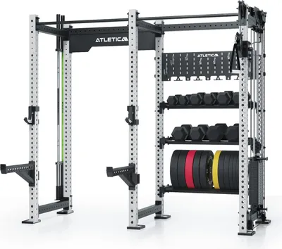 Produktbild von ATLETICA R8 Falcon R | Weiß | Kompaktes Power Rack mit Kabelzug, 95kg Gewichtsblock & komplettem Storage-System