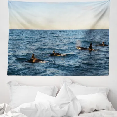 Produktbild von ABAKUHAUS Foto Wandteppich, Wale in SeOcean aus Weiches Mikrofaser Stoff Waschbar ohne Verblassen Digitaldruck, 150 x 110 cm, Blau und Schwarz