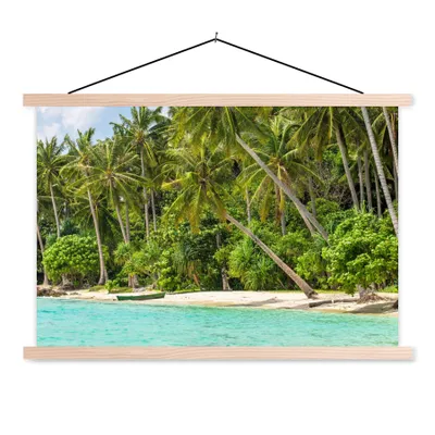 Produktbild von MuchoWow® Textilposter Palme - Meer - Tropisch 120x80 cm mit holzfarbenen Rahmen - Aufhängeset