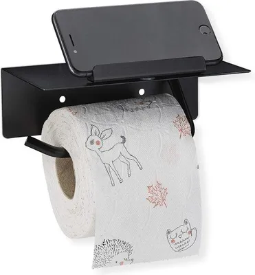 Productafbeelding van Famanu toiletrolhouder met opbergruimte en telefoonhouder - Zelfklevend, matzwart roestvrij staal