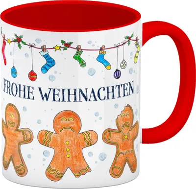 Produktbild von Frohe Weihnachten Kaffeebecher Henkel und Innenseite Rot mit