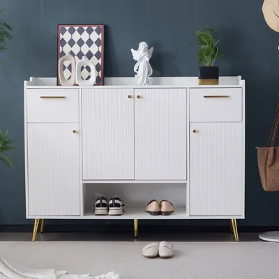 Immagine prodotto di Scarpiera AIORBER, con 2 cassetti e 4 ante, ampio spazio, piedini in metallo, struttura robusta, per soggiorno, corridoio, 130x37x100cm, bianco