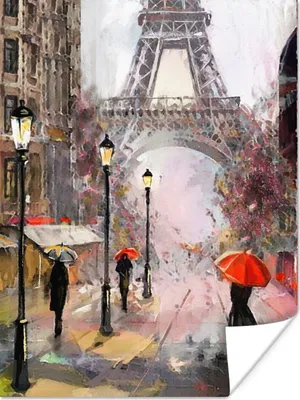 Produktbild von MuchoWow® Poster Gemälde - Paris - Eiffelturm - Regenschirm - Ölgemälde 90x120 cm - Wohnzimmer