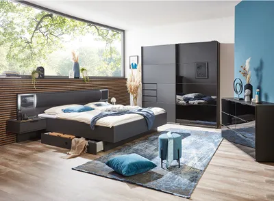 Produktbild von Schlafzimmer Set BRIXEN-43 mit Schwebetürenschrank in graphit mit schwarz