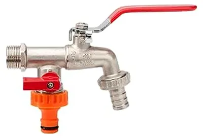 Produktbild von Doppelter Gartenhahn Kugelhahn Wasserhahn Rot Griff 1/2" x 3/4" x 3/4" BSP