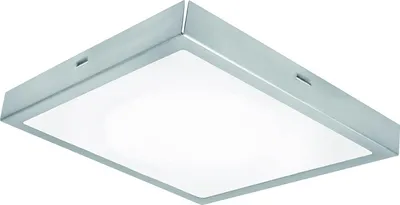 A square ceiling light fixture with a white diffuser and a silver metal frame.