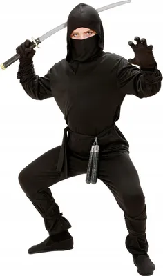 A person dressed as a ninja, holding a sword.