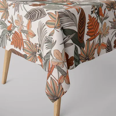 Produktbild von SCHÖNER LEBEN. Tischdecke Retro Blätter Blumen wollweiß orange braun Größe 130x200cm