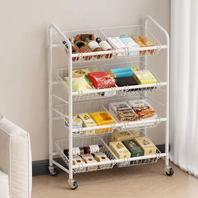 Küchentrolley mit 4 Ablagen, 8 Körben, 65 cm breit, Metall, Rollen, weiß