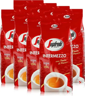 A group of red coffee bags with the Segafredo Zanetti Intermezzo logo and product details.