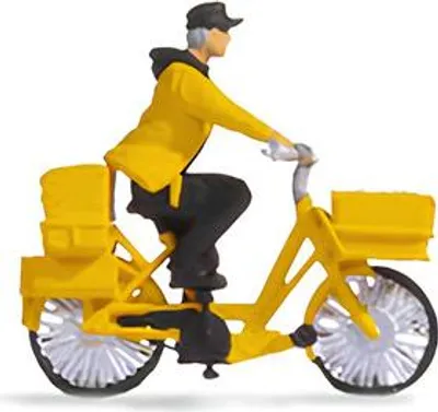 Produktbild von NOCH handkolorierte Tiny-Scenes Postbote mit Fahrrad, männliche Figur in Bewegung aus Kunststoff für Spur H0 1:87 Modellbahn.