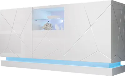 Produktbild von MIRJAN24 Türkommode Qiu 2D1K, Highboard mit 2 Drehtüren und Klappe, gedämpftem Schließsystem (Farbe: Weiß / Weiß Hochglanz, mit RGB LED Beleuchtung)