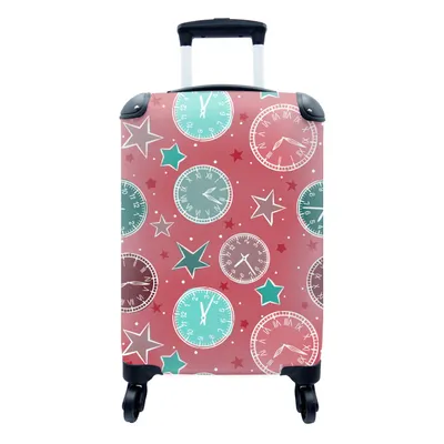 Produktbild von MuchoWow® Koffer Handgepäck Trolley Rollkoffer Kleine Reisekoffer mit 4 Rollen - Uhr - Rosa - Muster - Sterne - Cabin Size < 55x40x23 cm & 55x40x20 cm - Fotokoffer - Kabinenkoffer - Boardgepäck - Reise-Box - Reisekoffer - Reisegepäck - Koffer mit Bild - Trolley für Kinder