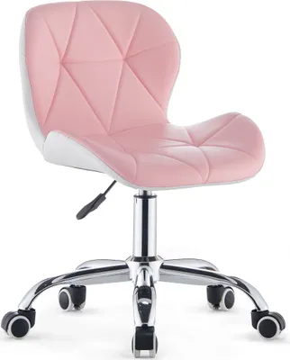 A pink and white office chair with a chrome base and wheels, shown from a front-side angle against a white background.