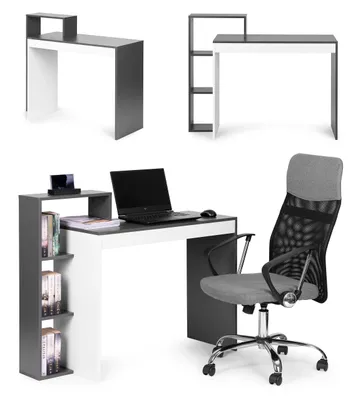 Produktbild von Weißer und grauer Büro-Computertisch, Tisch + Bücherregal mit 4 Regalen