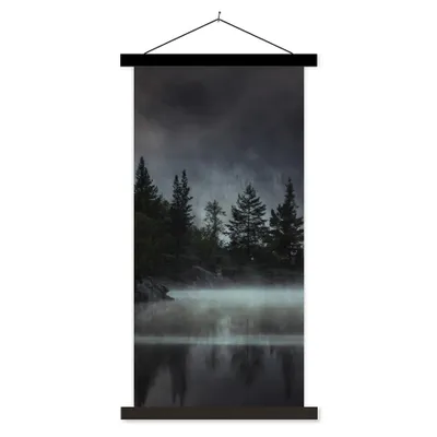 Produktbild von MuchoWow® Textilposter Wald - Nebel - Schwarz - Weiß 90x180 cm mit schwarzem Rahmen - Dekoration Wohnzimmer